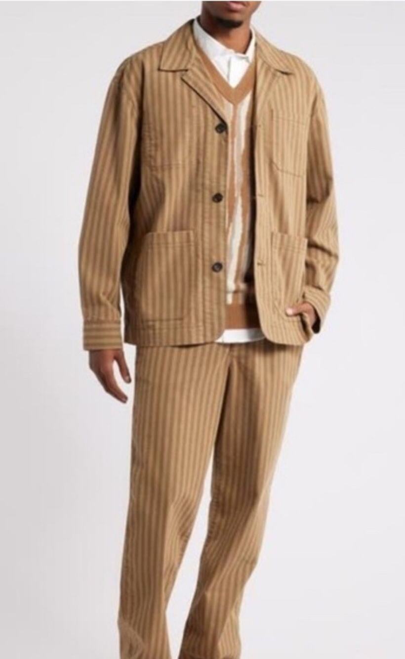 Nordstrom Henry Chore Coat Jacket Lightweight Brown Stripe Workwear Pockets Sz M